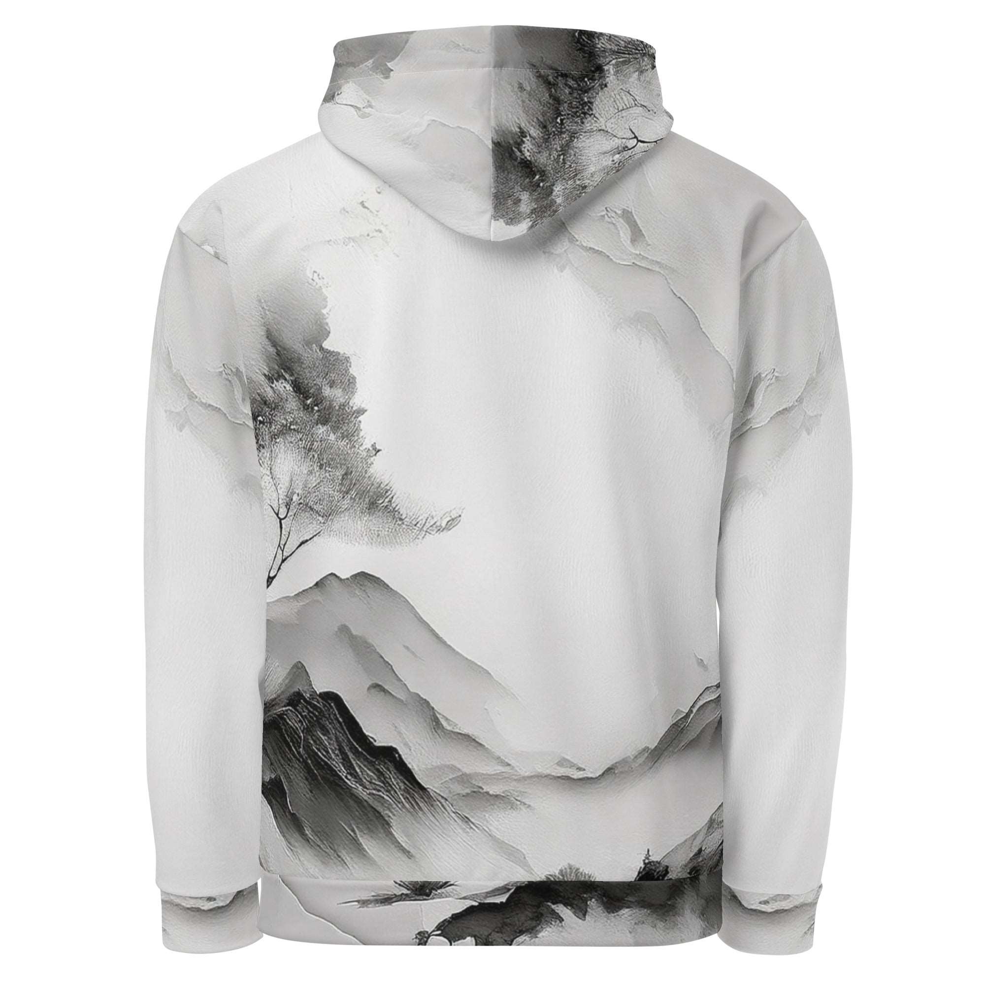 “Women’s Watercolour-Print-19 Muse Hoodie back in white with gray hand-painted landscape design, featuring abstract mountains and trees, kangaroo pocket, and adjustable drawstring hood.”