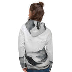 “Women’s Watercolour-Print-20 Muse Hoodie back model in white with gray hand-painted landscape design, featuring abstract mountains and trees, kangaroo pocket, and adjustable drawstring hood.”