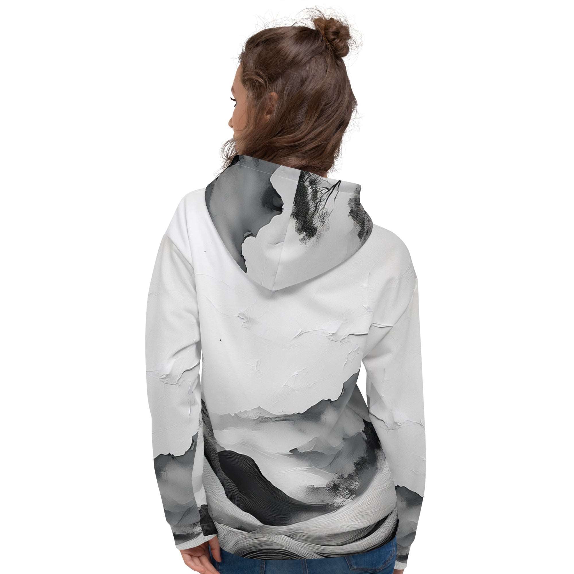 “Women’s Watercolour-Print-20 Muse Hoodie back model in white with gray hand-painted landscape design, featuring abstract mountains and trees, kangaroo pocket, and adjustable drawstring hood.”
