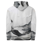 “Women’s Watercolour-Print-20 Muse Hoodie back in white with gray hand-painted landscape design, featuring abstract mountains and trees, kangaroo pocket, and adjustable drawstring hood.”