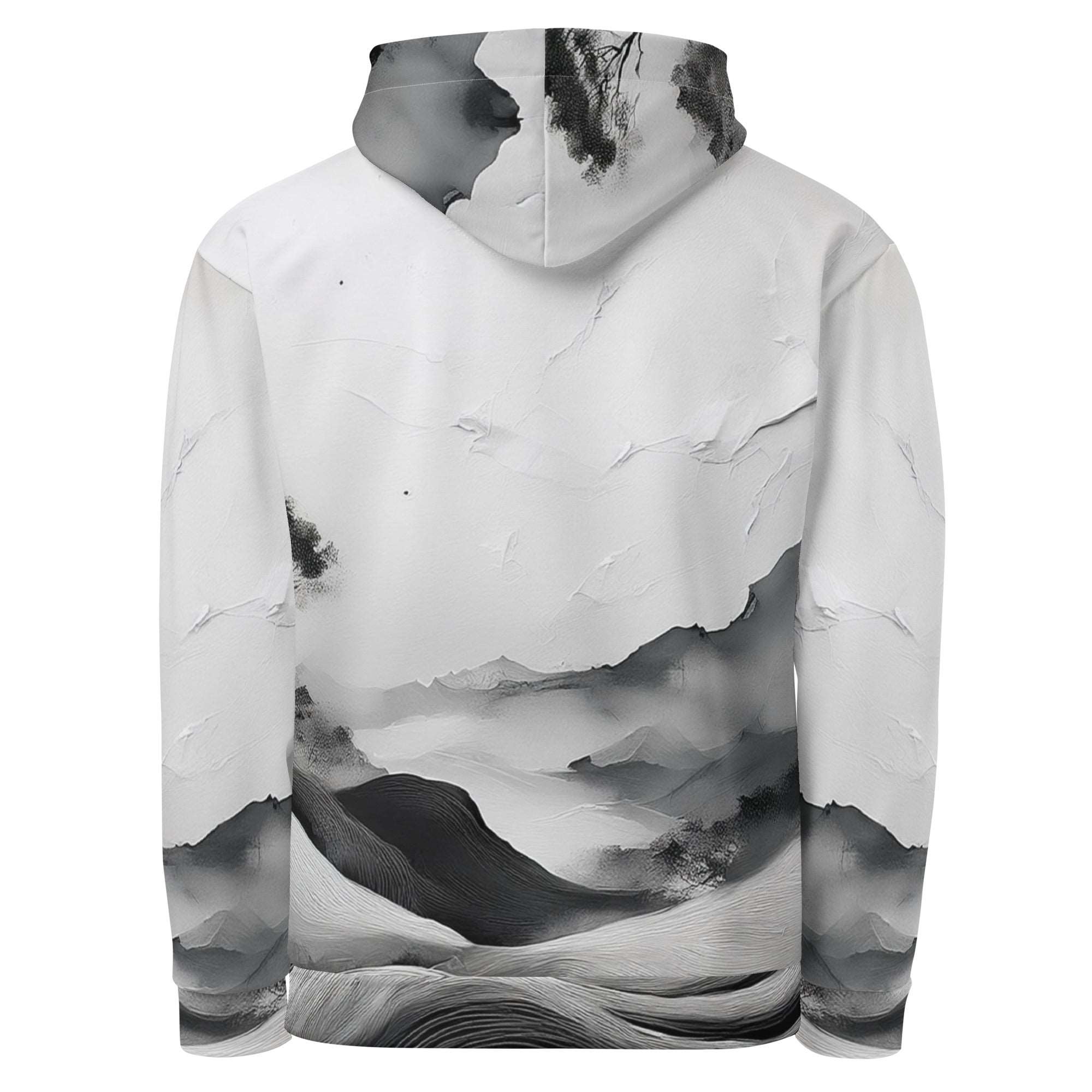 “Women’s Watercolour-Print-20 Muse Hoodie back in white with gray hand-painted landscape design, featuring abstract mountains and trees, kangaroo pocket, and adjustable drawstring hood.”