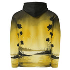 An FFD Luminescence-2 hoodie (back pose) with a black, white and yellow gradient print of a nature-inspired design featuring hues of white yellow and black tones.