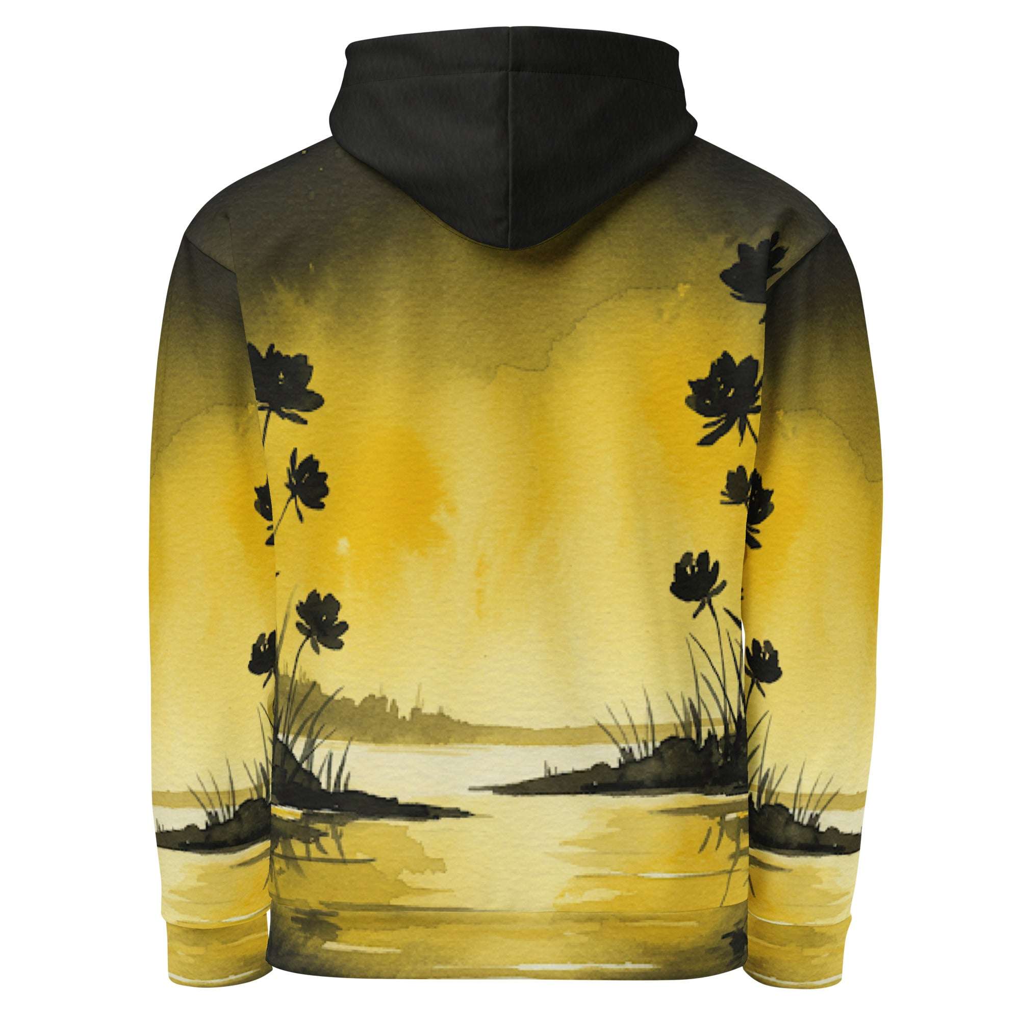 An FFD Luminescence-2 hoodie (back pose) with a black, white and yellow gradient print of a nature-inspired design featuring hues of white yellow and black tones.
