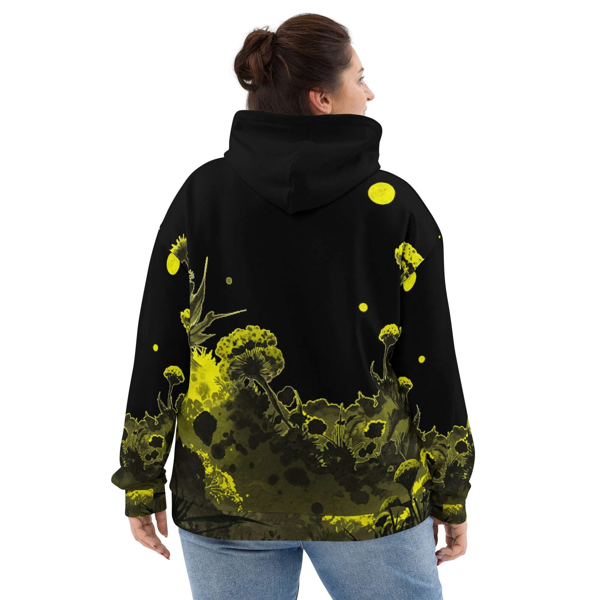 An FFD Luminescence-3 hoodie (back model pose) with a black, white and yellow gradient print of a nature-inspired design featuring hues of white yellow and black tones.