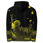 An FFD Luminescence-3 hoodie (back pose) with a black, white and yellow gradient print of a nature-inspired design featuring hues of white yellow and black tones.