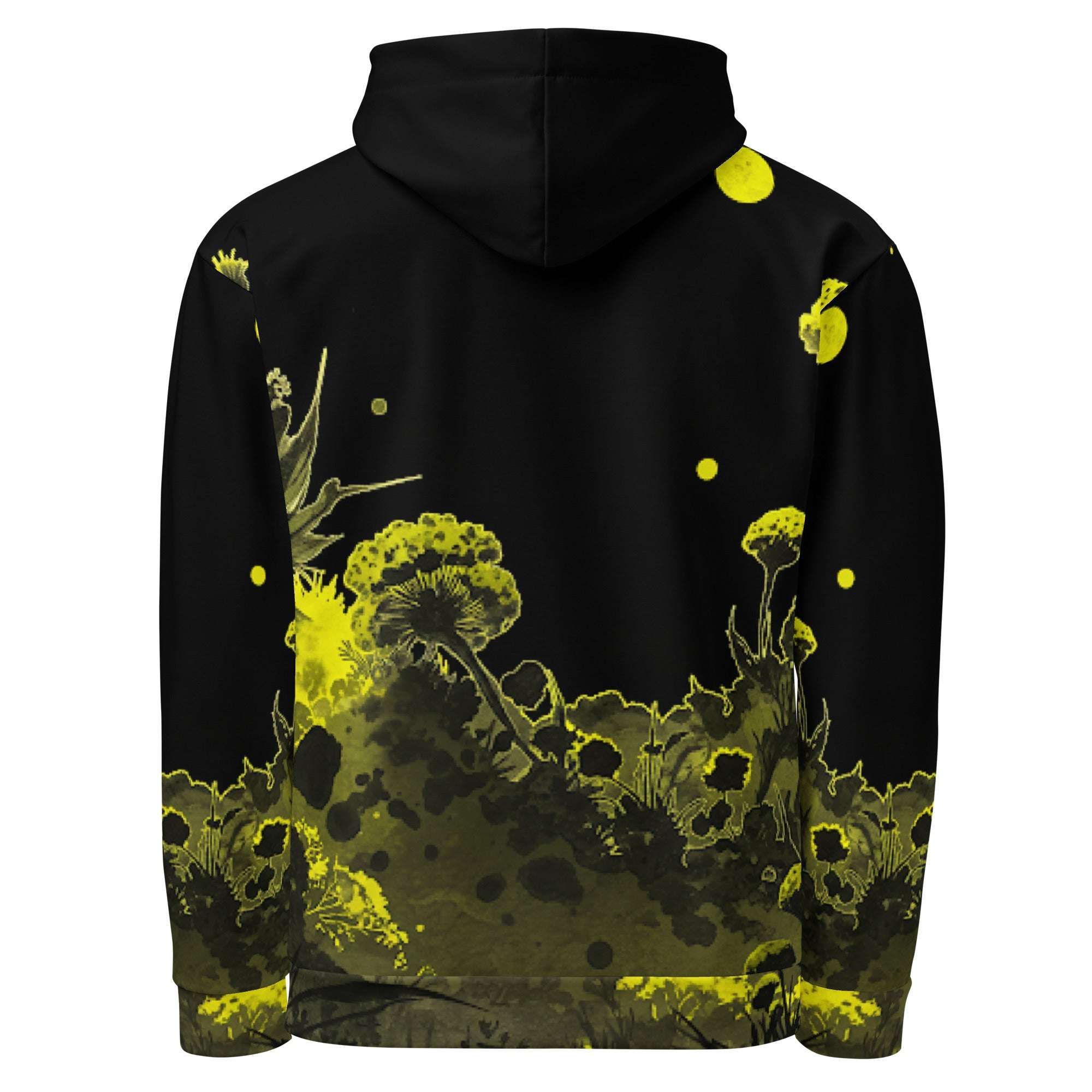 An FFD Luminescence-3 hoodie (back pose) with a black, white and yellow gradient print of a nature-inspired design featuring hues of white yellow and black tones.
