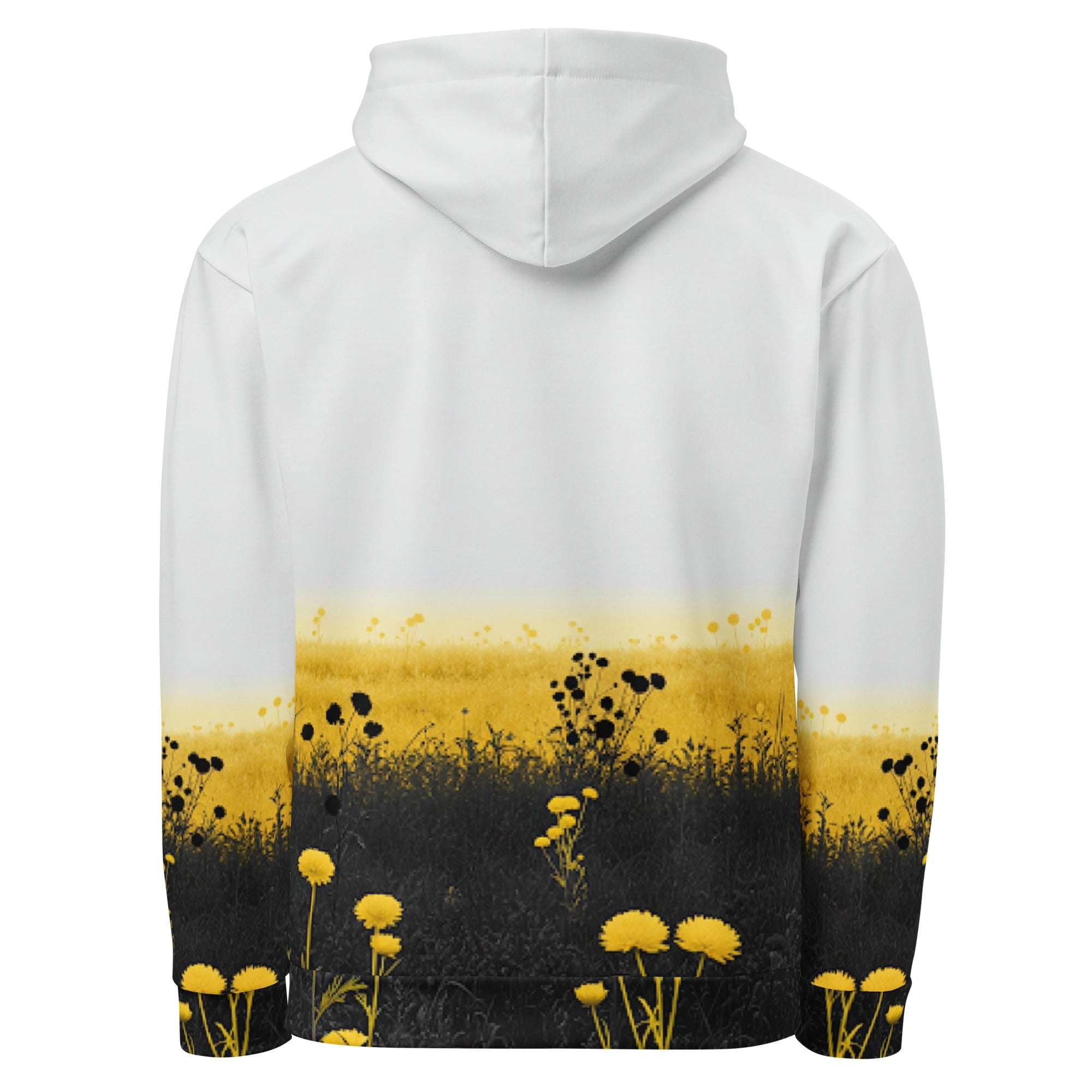 An FFD Luminescence hoodie (back pose) with a black, white and yellow gradient print of a nature-inspired design featuring hues of white yellow and black tones.