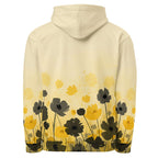 An FFD Luminescence-4 hoodie (back pose) with a black, white and yellow gradient print of a nature-inspired design featuring hues of white yellow and black tones.