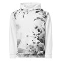 “Women’s Watercolour-Print-6 Muse Hoodie front in white with gray hand-painted landscape design, featuring abstract mountains and trees, kangaroo pocket, and adjustable drawstring hood.”