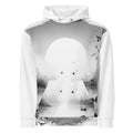 “Women’s Watercolour-Print-7 Muse Hoodie front in white with gray hand-painted landscape design, featuring abstract mountains and trees, kangaroo pocket, and adjustable drawstring hood.”