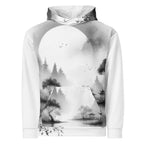 “Women’s Watercolour-Print-8 Muse Hoodie front in white with gray hand-painted landscape design, featuring abstract mountains and trees, kangaroo pocket, and adjustable drawstring hood.”