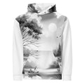 “Women’s Watercolour-Print-10 Muse Hoodie front in white with gray hand-painted landscape design, featuring abstract mountains and trees, kangaroo pocket, and adjustable drawstring hood.”
