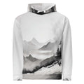 “Women’s Watercolour-Print-11 Muse Hoodie front in white with gray hand-painted landscape design, featuring abstract mountains and trees, kangaroo pocket, and adjustable drawstring hood.”