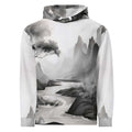 “Women’s Watercolour-Print-12 Muse Hoodie front in white with gray hand-painted landscape design, featuring abstract mountains and trees, kangaroo pocket, and adjustable drawstring hood.”