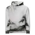 “Women’s Watercolour-Print-14 Muse Hoodie front in white with gray hand-painted landscape design, featuring abstract mountains and trees, kangaroo pocket, and adjustable drawstring hood.”