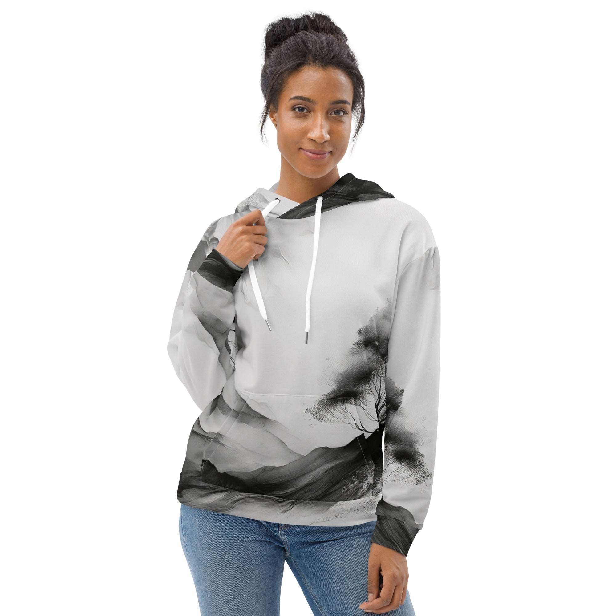 “Women’s Watercolour-Print-14 Muse Hoodie front model in white with gray hand-painted landscape design, featuring abstract mountains and trees, kangaroo pocket, and adjustable drawstring hood.”