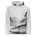“Women’s Watercolour-Print-13 Muse Hoodie front in white with gray hand-painted landscape design, featuring abstract mountains and trees, kangaroo pocket, and adjustable drawstring hood.”