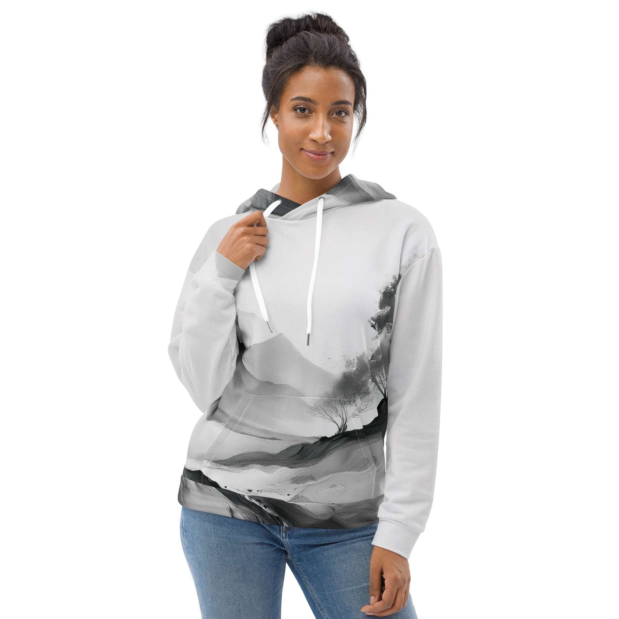 “Women’s Watercolour-Print-13 Muse Hoodie front model in white with gray hand-painted landscape design, featuring abstract mountains and trees, kangaroo pocket, and adjustable drawstring hood.”
