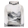 “Women’s Watercolour-Print-15 Muse Hoodie front in white with gray hand-painted landscape design, featuring abstract mountains and trees, kangaroo pocket, and adjustable drawstring hood.”