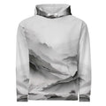 “Women’s Watercolour-Print-16 Muse Hoodie front in white with gray hand-painted landscape design, featuring abstract mountains and trees, kangaroo pocket, and adjustable drawstring hood.”