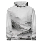 “Women’s Watercolour-Print-16 Muse Hoodie front in white with gray hand-painted landscape design, featuring abstract mountains and trees, kangaroo pocket, and adjustable drawstring hood.”