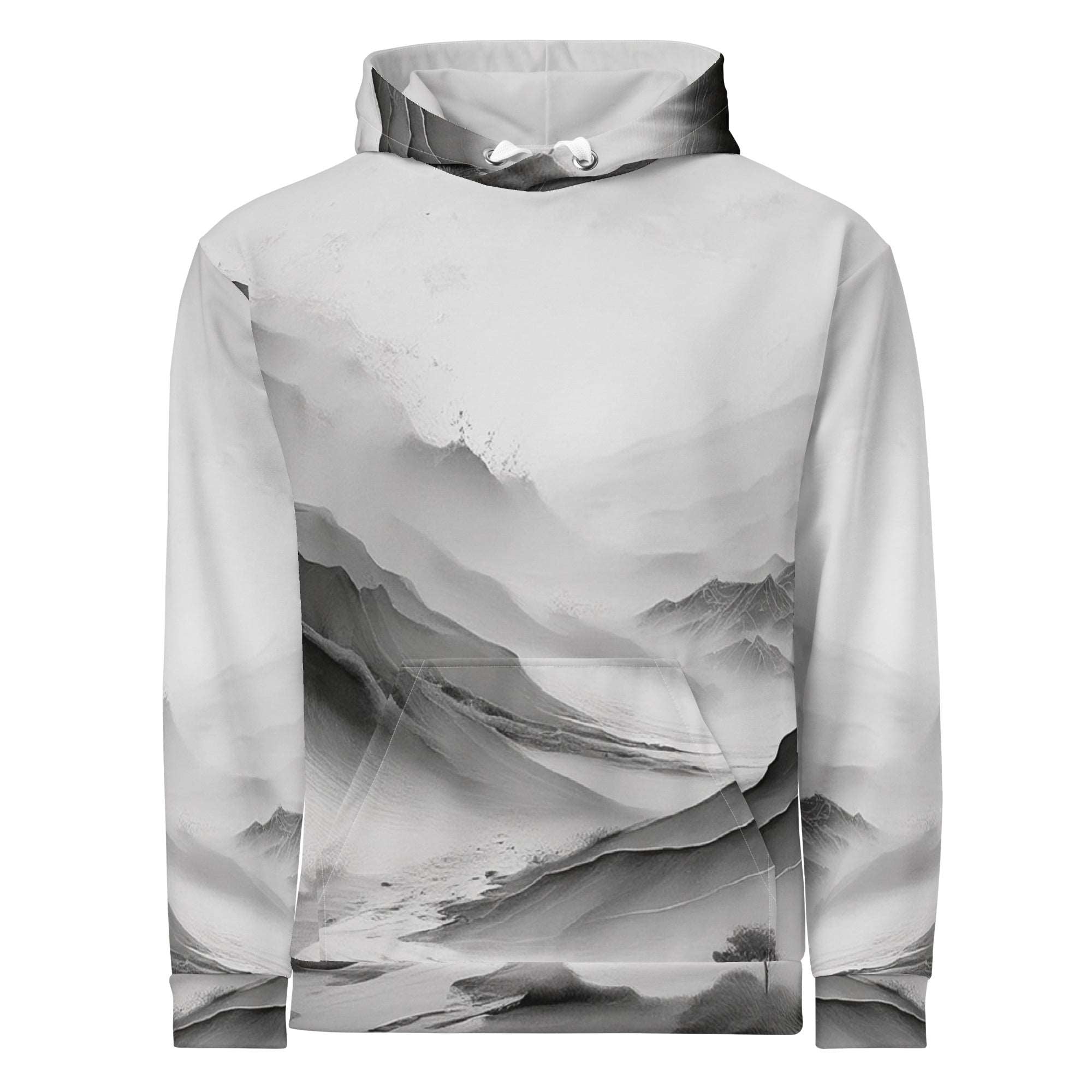 “Women’s Watercolour-Print-16 Muse Hoodie front in white with gray hand-painted landscape design, featuring abstract mountains and trees, kangaroo pocket, and adjustable drawstring hood.”