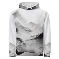 “Women’s Watercolour-Print-17 Muse Hoodie front in white with gray hand-painted landscape design, featuring abstract mountains and trees, kangaroo pocket, and adjustable drawstring hood.”