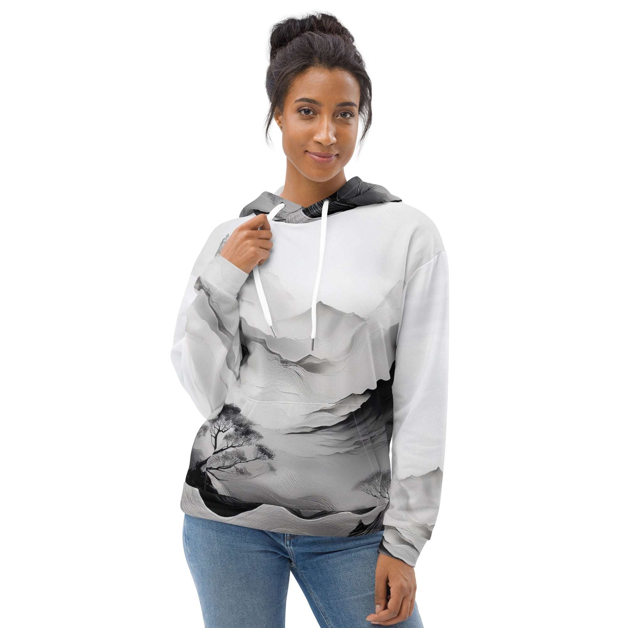 “Women’s Watercolour-Print-17 Muse Hoodie side model in white with gray hand-painted landscape design, featuring abstract mountains and trees, kangaroo pocket, and adjustable drawstring hood.”