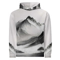 “Women’s Watercolour-Print-18 Muse Hoodie front in white with gray hand-painted landscape design, featuring abstract mountains and trees, kangaroo pocket, and adjustable drawstring hood.”