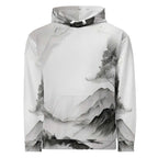“Women’s Watercolour-Print-19 Muse Hoodie front in white with gray hand-painted landscape design, featuring abstract mountains and trees, kangaroo pocket, and adjustable drawstring hood.”