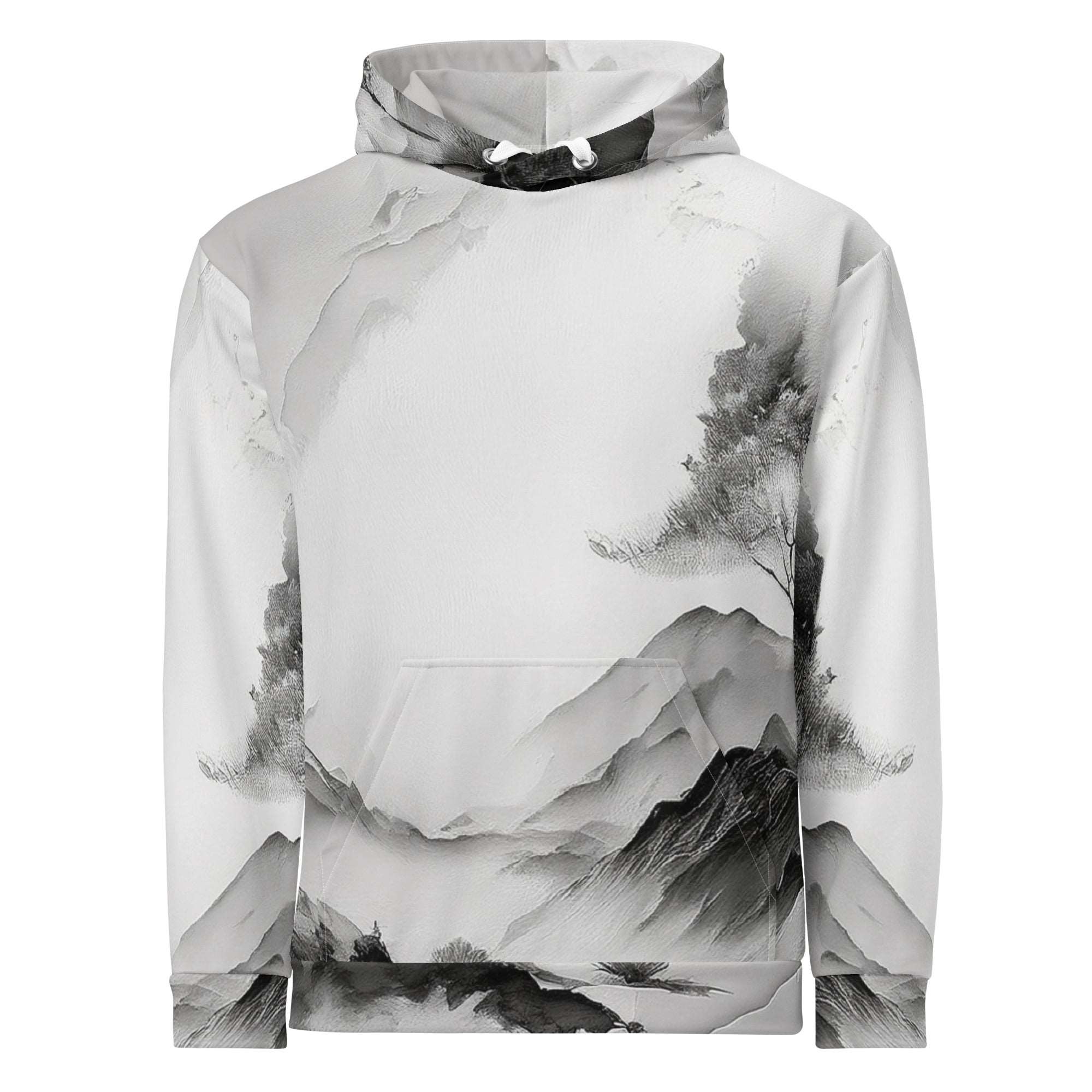 “Women’s Watercolour-Print-19 Muse Hoodie front in white with gray hand-painted landscape design, featuring abstract mountains and trees, kangaroo pocket, and adjustable drawstring hood.”