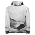 “Women’s Watercolour-Print-20 Muse Hoodie front in white with gray hand-painted landscape design, featuring abstract mountains and trees, kangaroo pocket, and adjustable drawstring hood.”