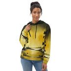 An FFD Luminescence-2 hoodie (front model pose) with a black, white and yellow gradient print of a nature-inspired design featuring hues of white yellow and black tones.