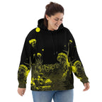 An FFD Luminescence-3 hoodie (side model pose) with a black, white and yellow gradient print of a nature-inspired design featuring hues of white yellow and black tones.