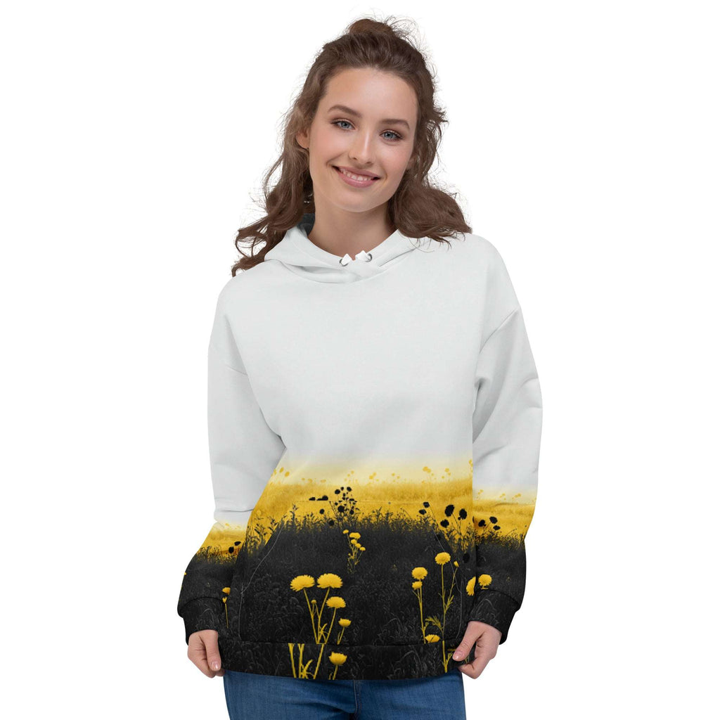 An FFD Luminescence hoodie (front model pose) with a black, white and yellow gradient print of a nature-inspired design featuring hues of white yellow and black tones.