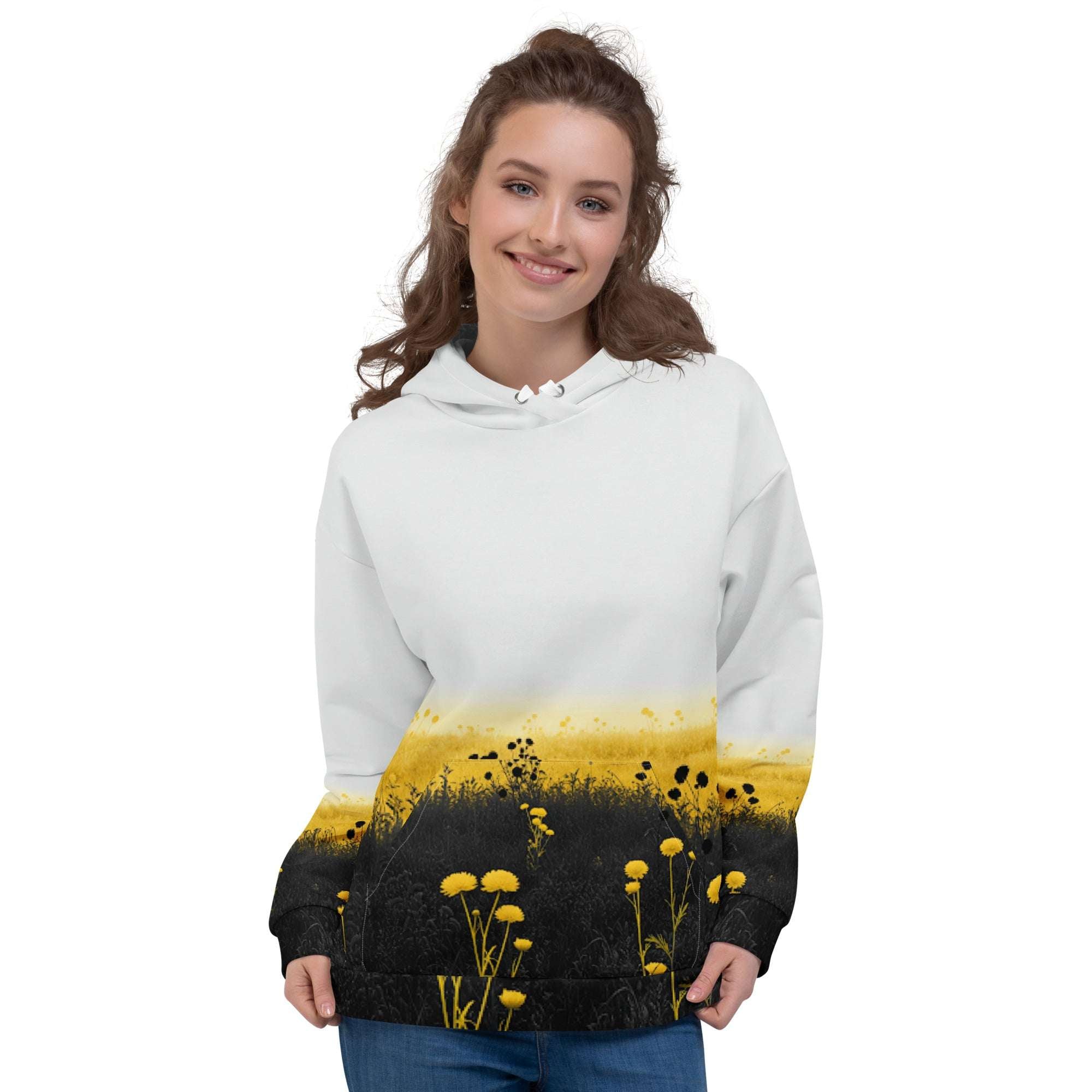 An FFD Luminescence hoodie (front model pose) with a black, white and yellow gradient print of a nature-inspired design featuring hues of white yellow and black tones.