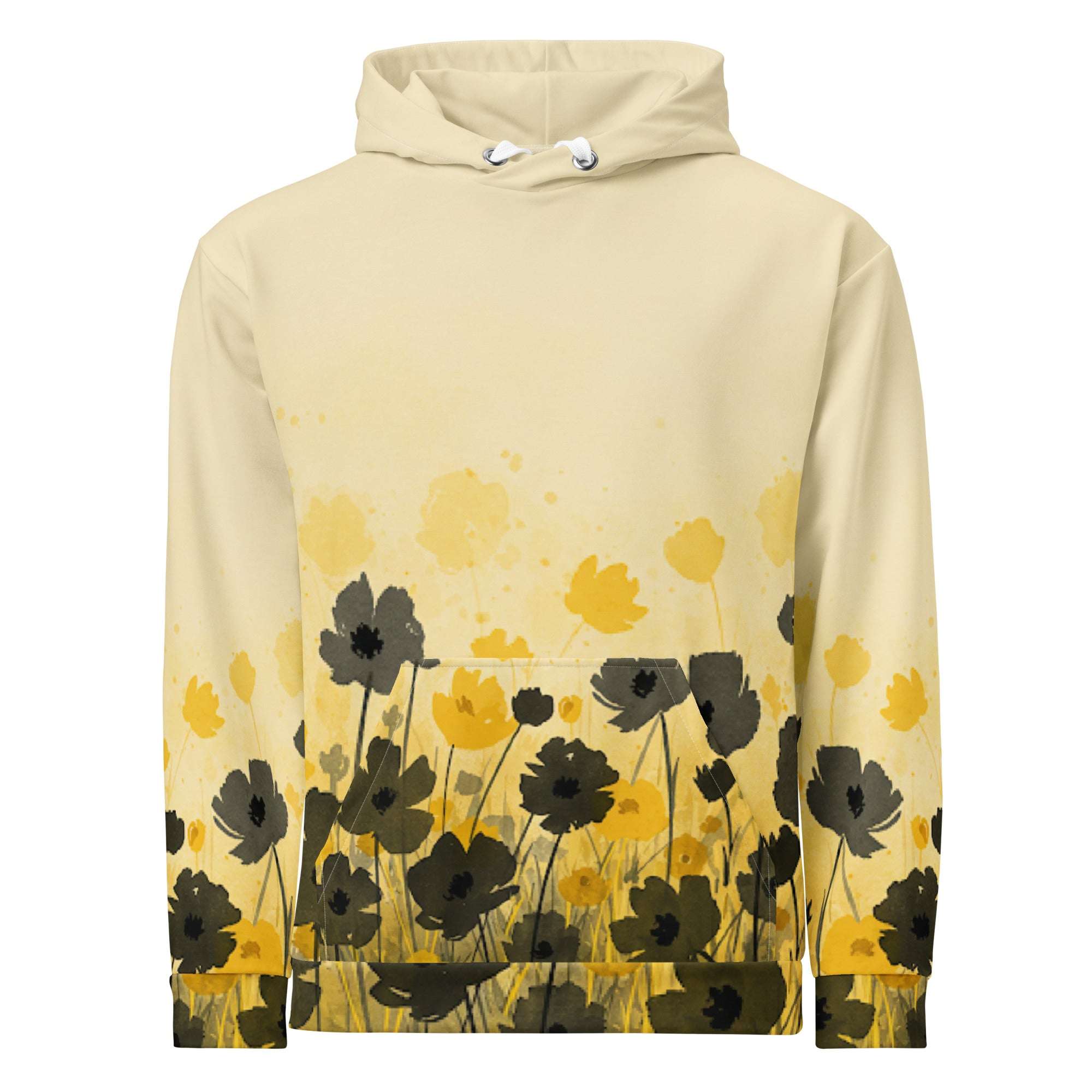 An FFD Luminescence-4 hoodie with a black, white and yellow gradient print of a nature-inspired design featuring hues of white yellow and black tones.