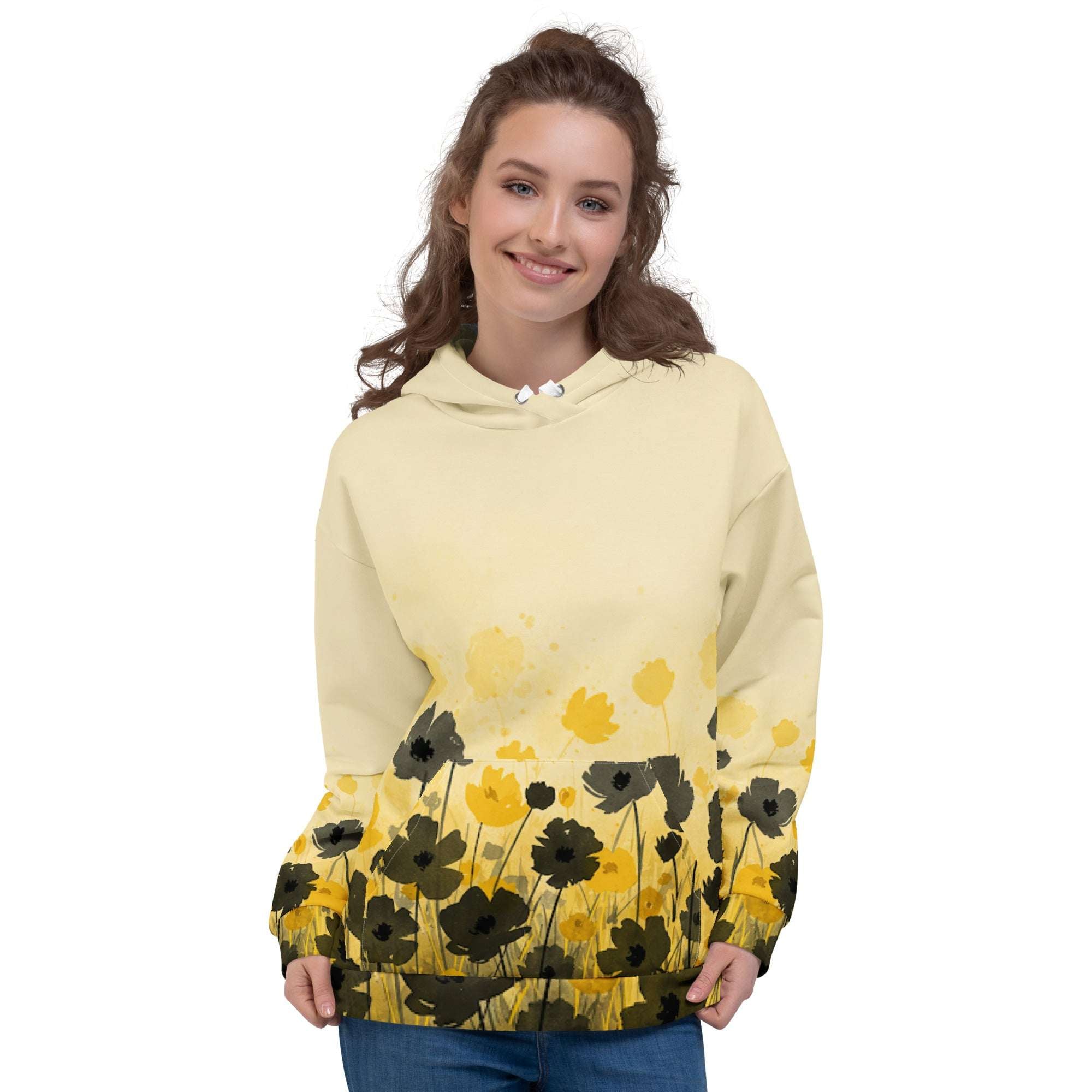 An FFD Luminescence-4 hoodie (front model pose) with a black, white and yellow gradient print of a nature-inspired design featuring hues of white yellow and black tones.