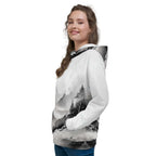 “Women’s Watercolour-Print-11 Muse Hoodie front model in white with gray hand-painted landscape design, featuring abstract mountains and trees, kangaroo pocket, and adjustable drawstring hood.”