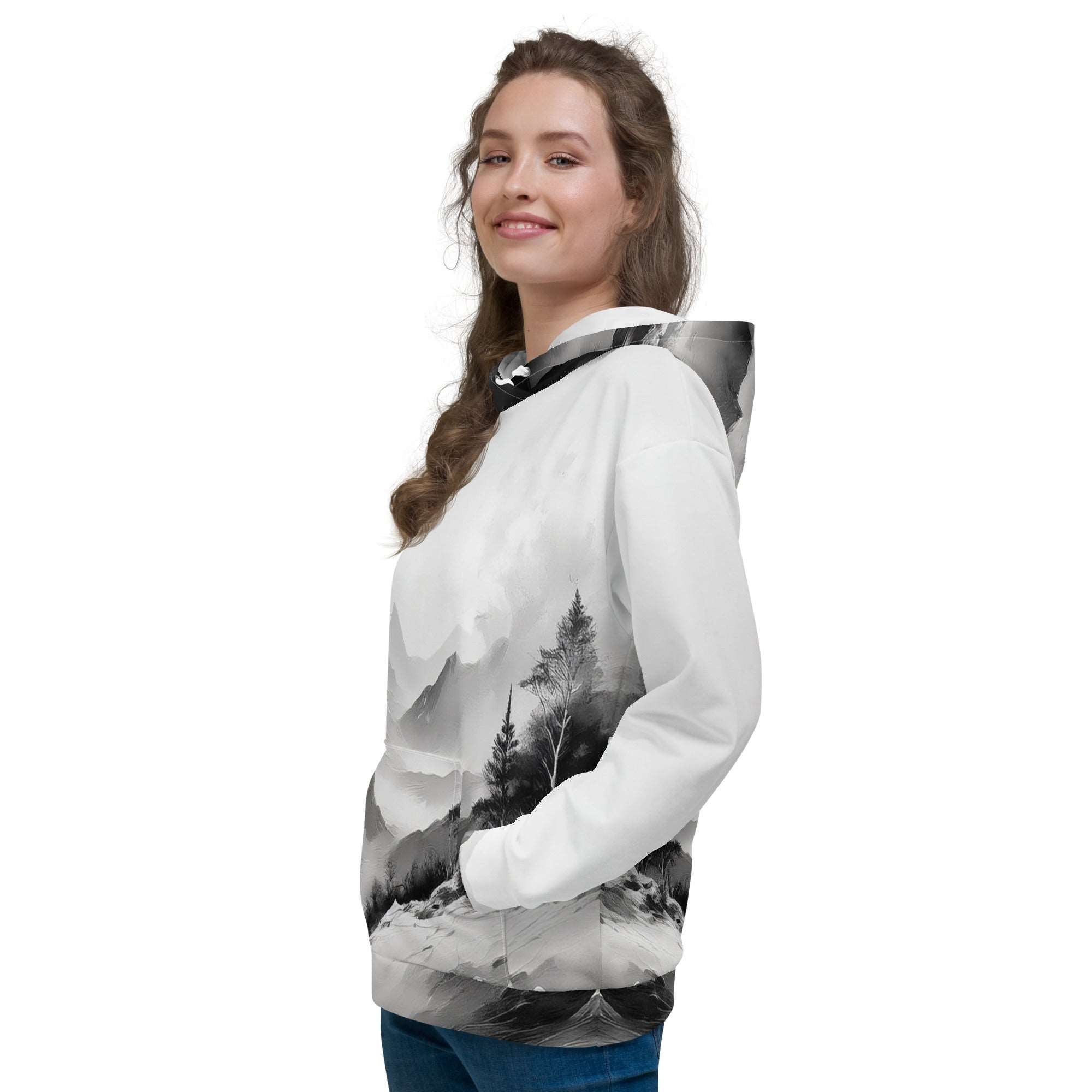 “Women’s Watercolour-Print-11 Muse Hoodie front model in white with gray hand-painted landscape design, featuring abstract mountains and trees, kangaroo pocket, and adjustable drawstring hood.”