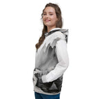 “Women’s Watercolour-Print-12 Muse Hoodie front model in white with gray hand-painted landscape design, featuring abstract mountains and trees, kangaroo pocket, and adjustable drawstring hood.”