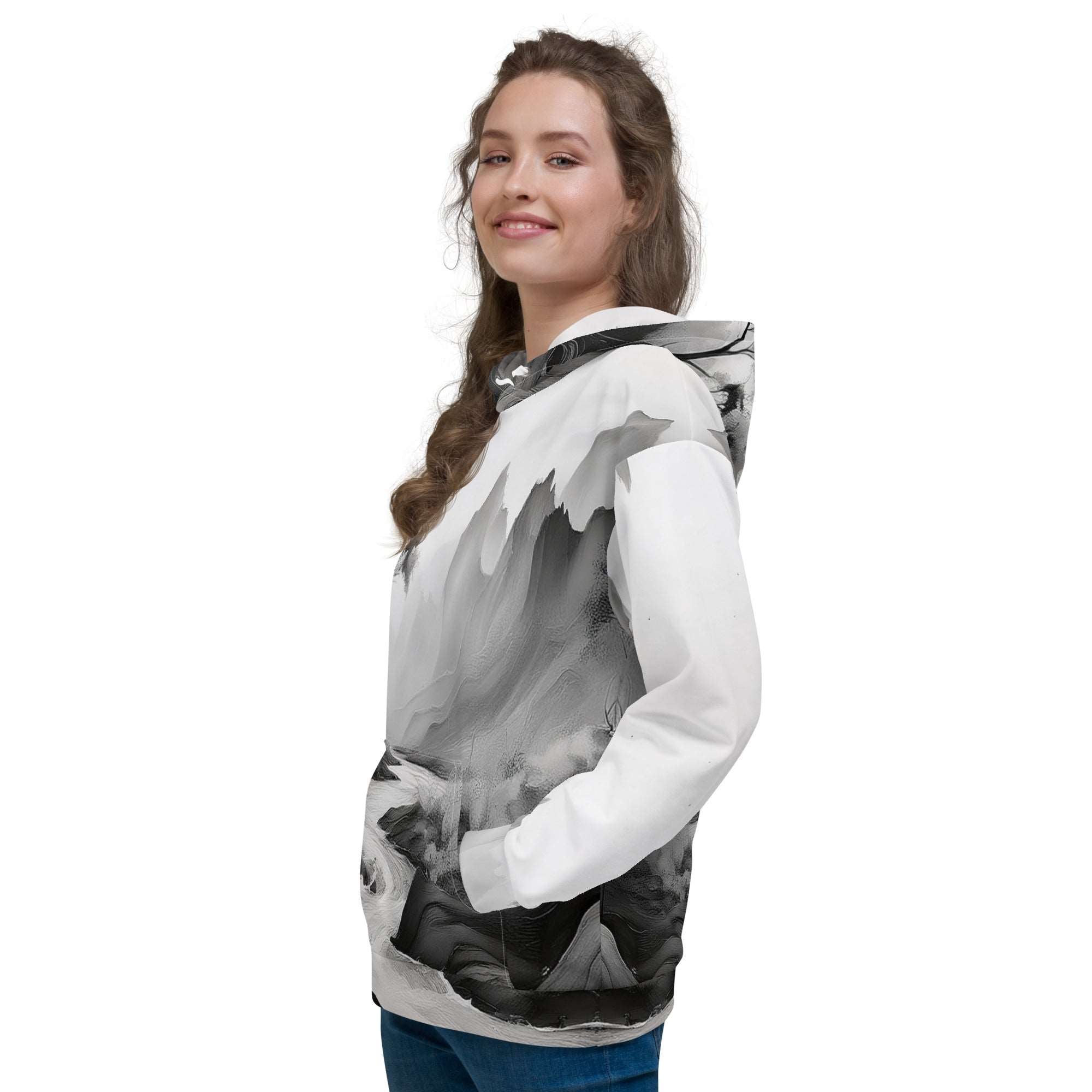“Women’s Watercolour-Print-12 Muse Hoodie front model in white with gray hand-painted landscape design, featuring abstract mountains and trees, kangaroo pocket, and adjustable drawstring hood.”