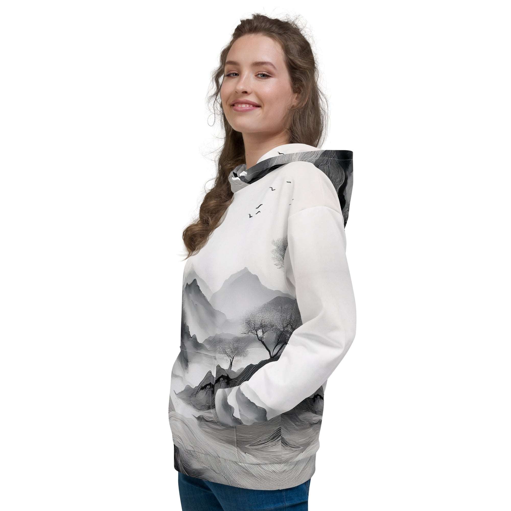 “Women’s Watercolour-Print-15 Muse Hoodie front model in white with gray hand-painted landscape design, featuring abstract mountains and trees, kangaroo pocket, and adjustable drawstring hood.”