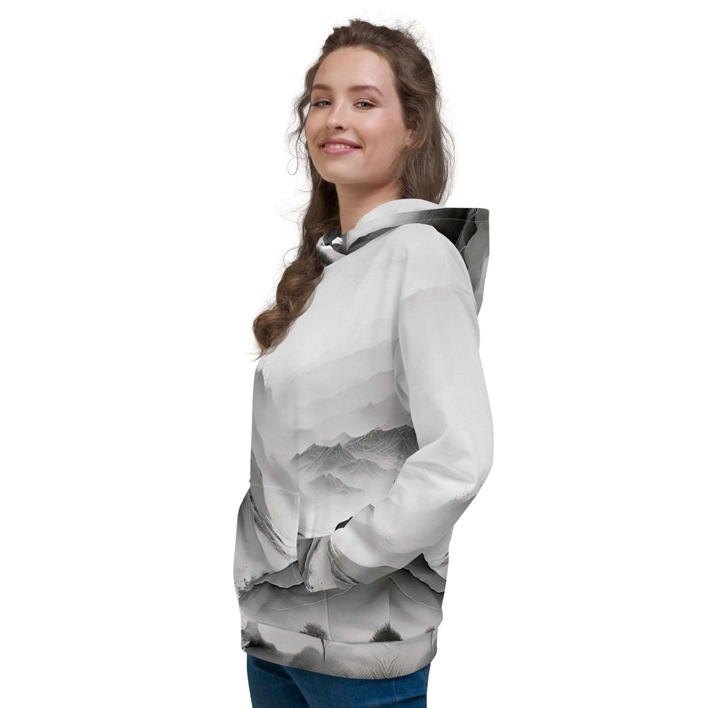 “Women’s Watercolour-Print-16 Muse Hoodie front model in white with gray hand-painted landscape design, featuring abstract mountains and trees, kangaroo pocket, and adjustable drawstring hood.”