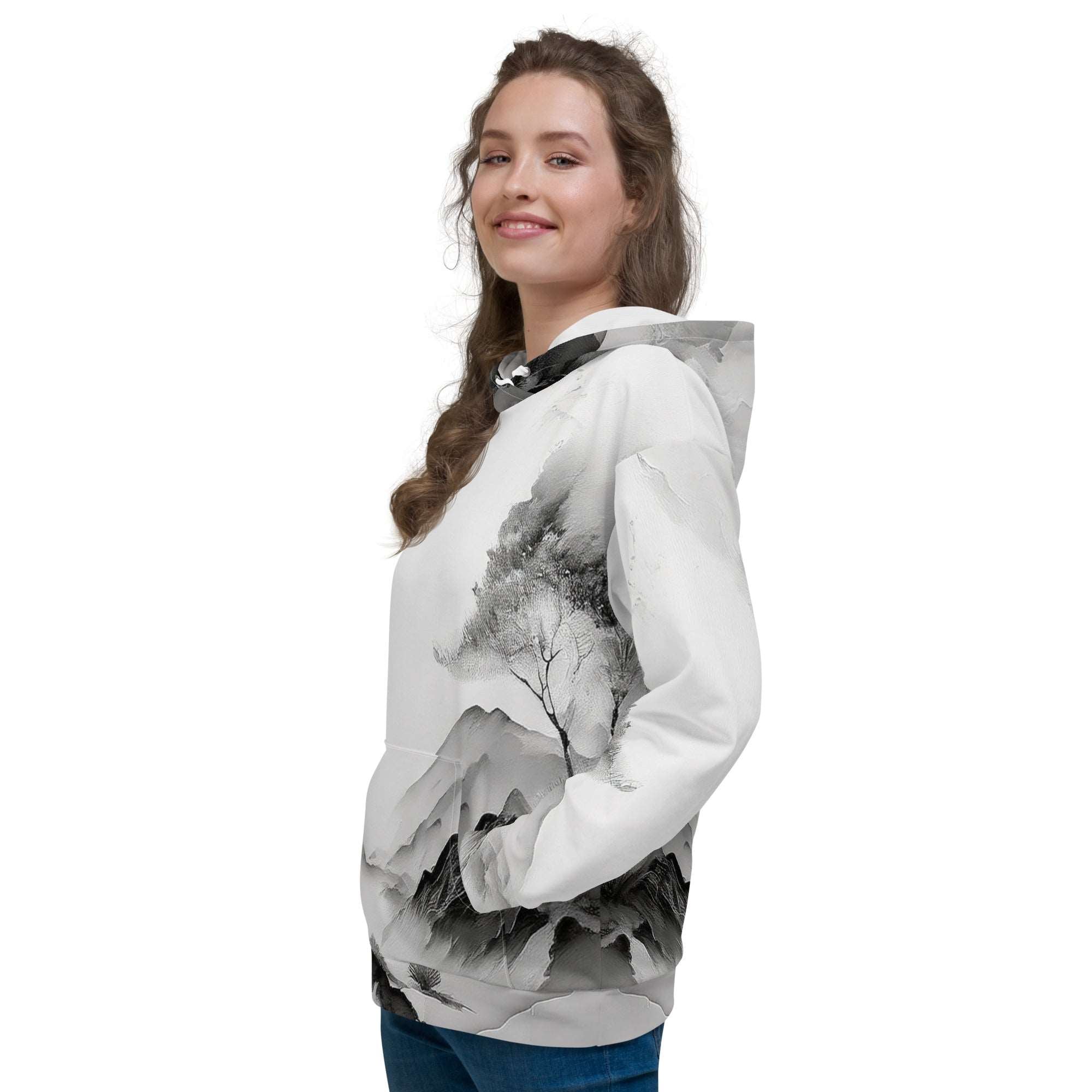 “Women’s Watercolour-Print-19 Muse Hoodie front model in white with gray hand-painted landscape design, featuring abstract mountains and trees, kangaroo pocket, and adjustable drawstring hood.”
