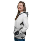 “Women’s Watercolour-Print-20 Muse Hoodie front model in white with gray hand-painted landscape design, featuring abstract mountains and trees, kangaroo pocket, and adjustable drawstring hood.”