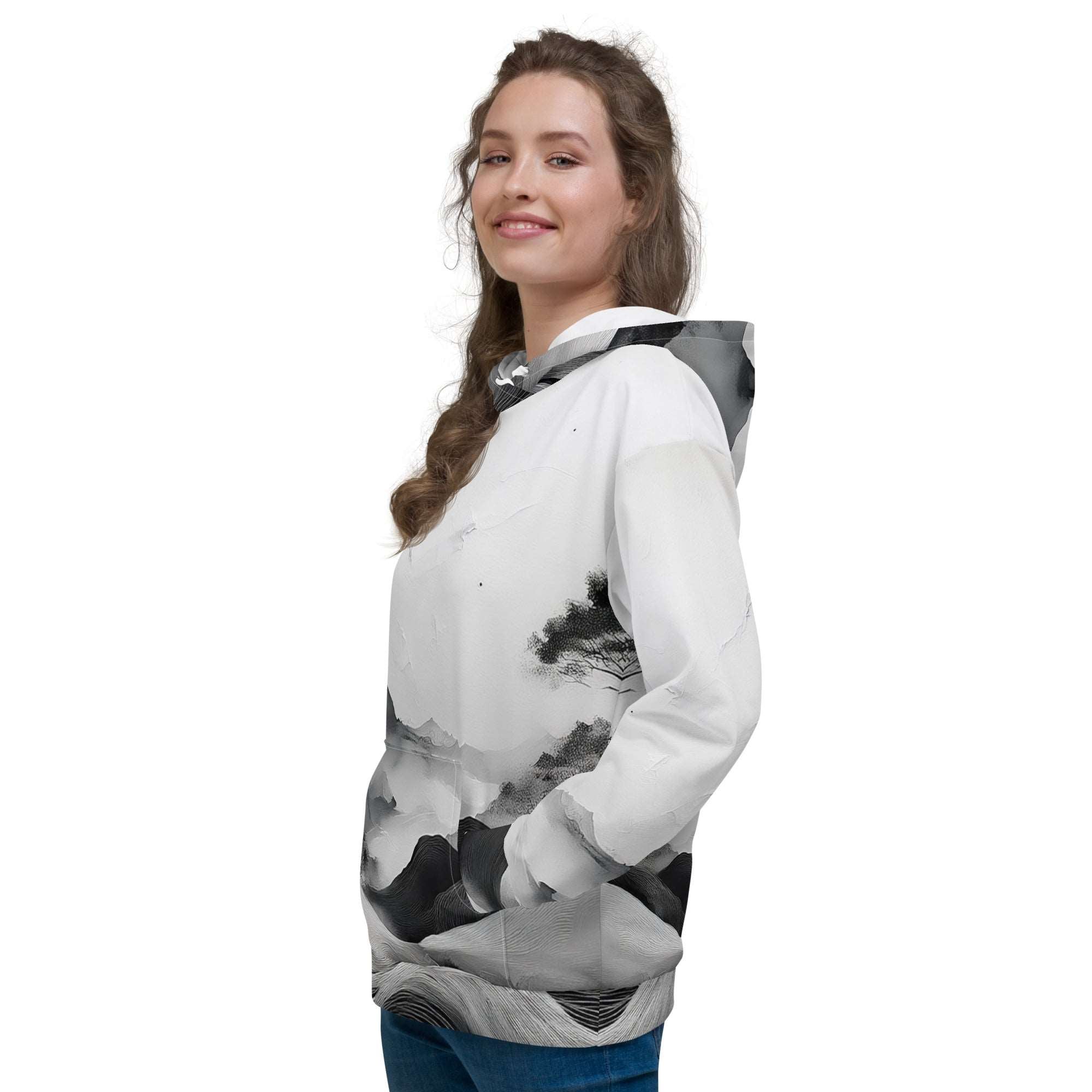 “Women’s Watercolour-Print-20 Muse Hoodie front model in white with gray hand-painted landscape design, featuring abstract mountains and trees, kangaroo pocket, and adjustable drawstring hood.”