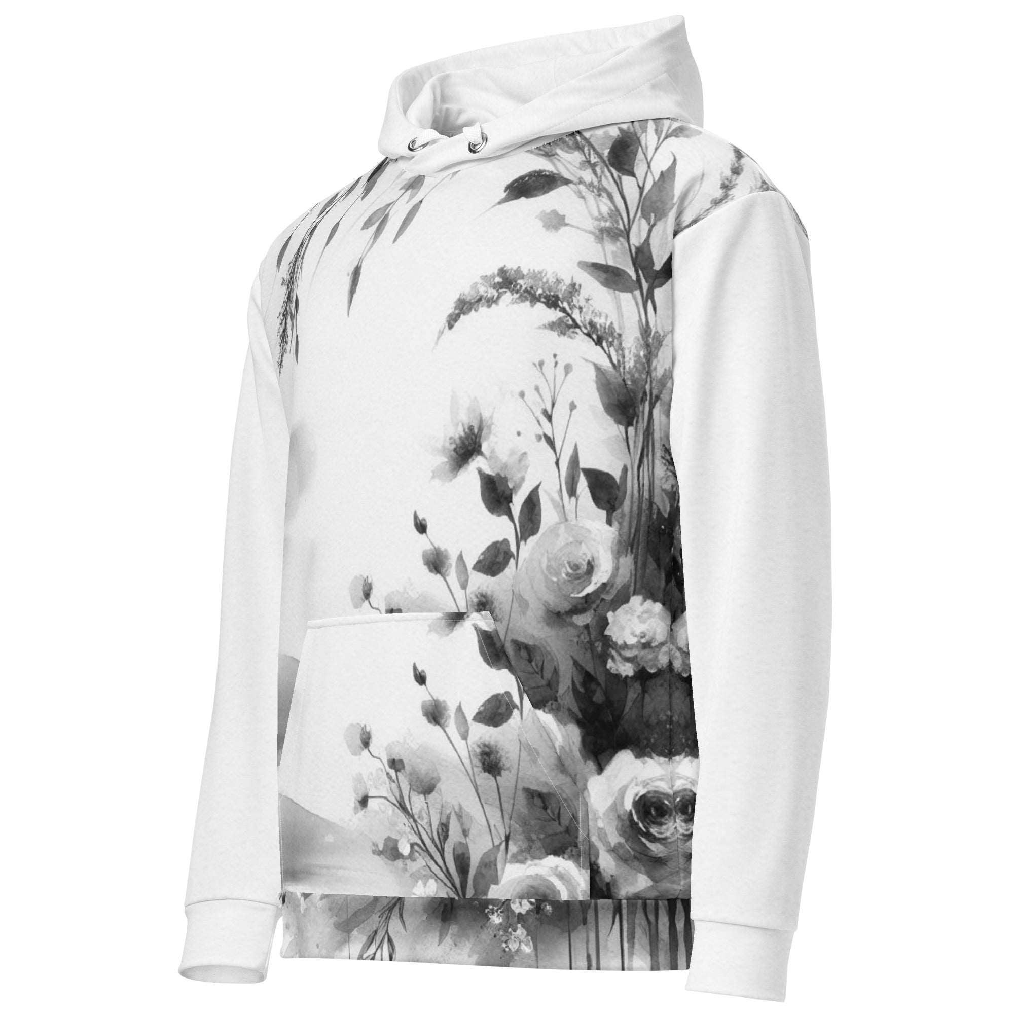 “Women’s Watercolour-Print-6 Muse Hoodie side in white with gray hand-painted landscape design, featuring abstract mountains and trees, kangaroo pocket, and adjustable drawstring hood.”