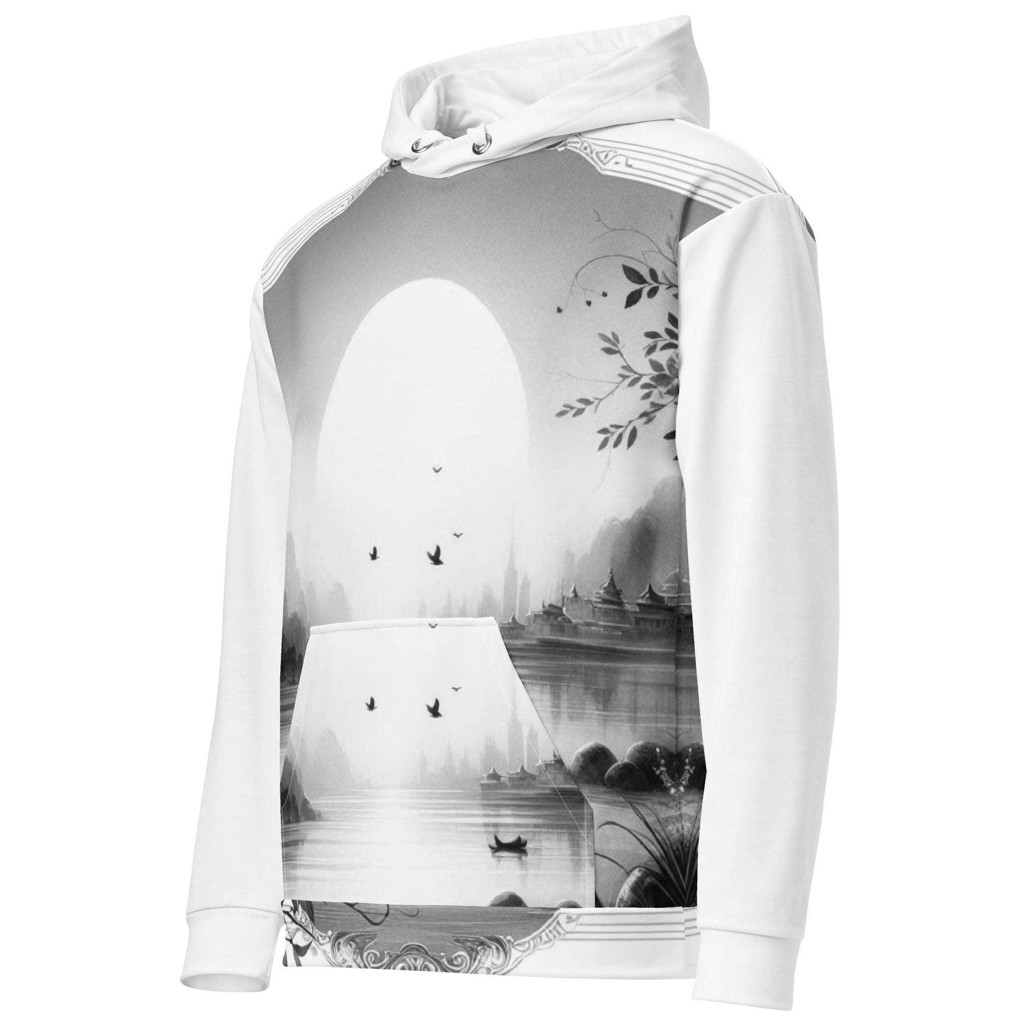 “Women’s Watercolour-Print-7 Muse Hoodie side in white with gray hand-painted landscape design, featuring abstract mountains and trees, kangaroo pocket, and adjustable drawstring hood.”