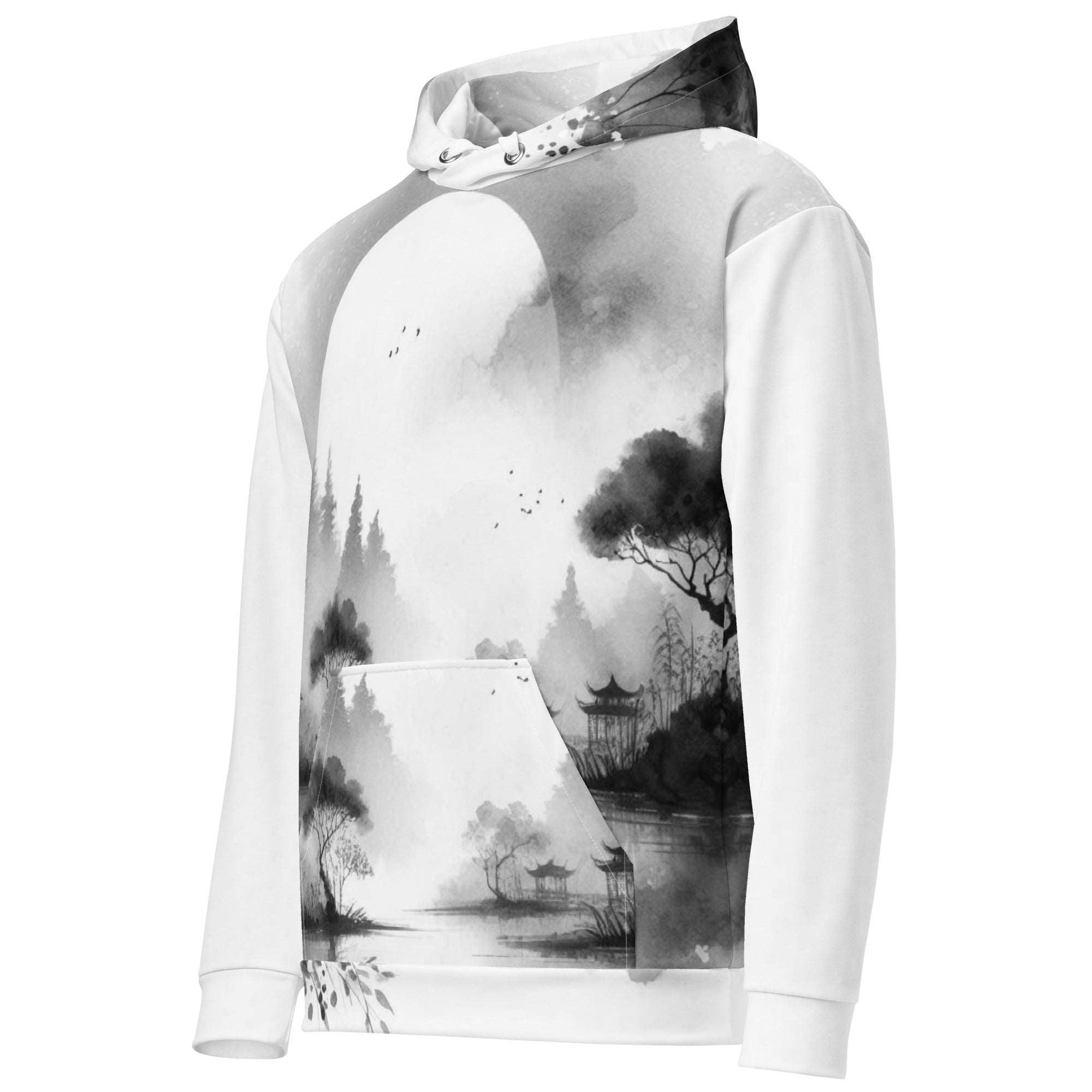 “Women’s Watercolour-Print-8 Muse Hoodie side in white with gray hand-painted landscape design, featuring abstract mountains and trees, kangaroo pocket, and adjustable drawstring hood.”